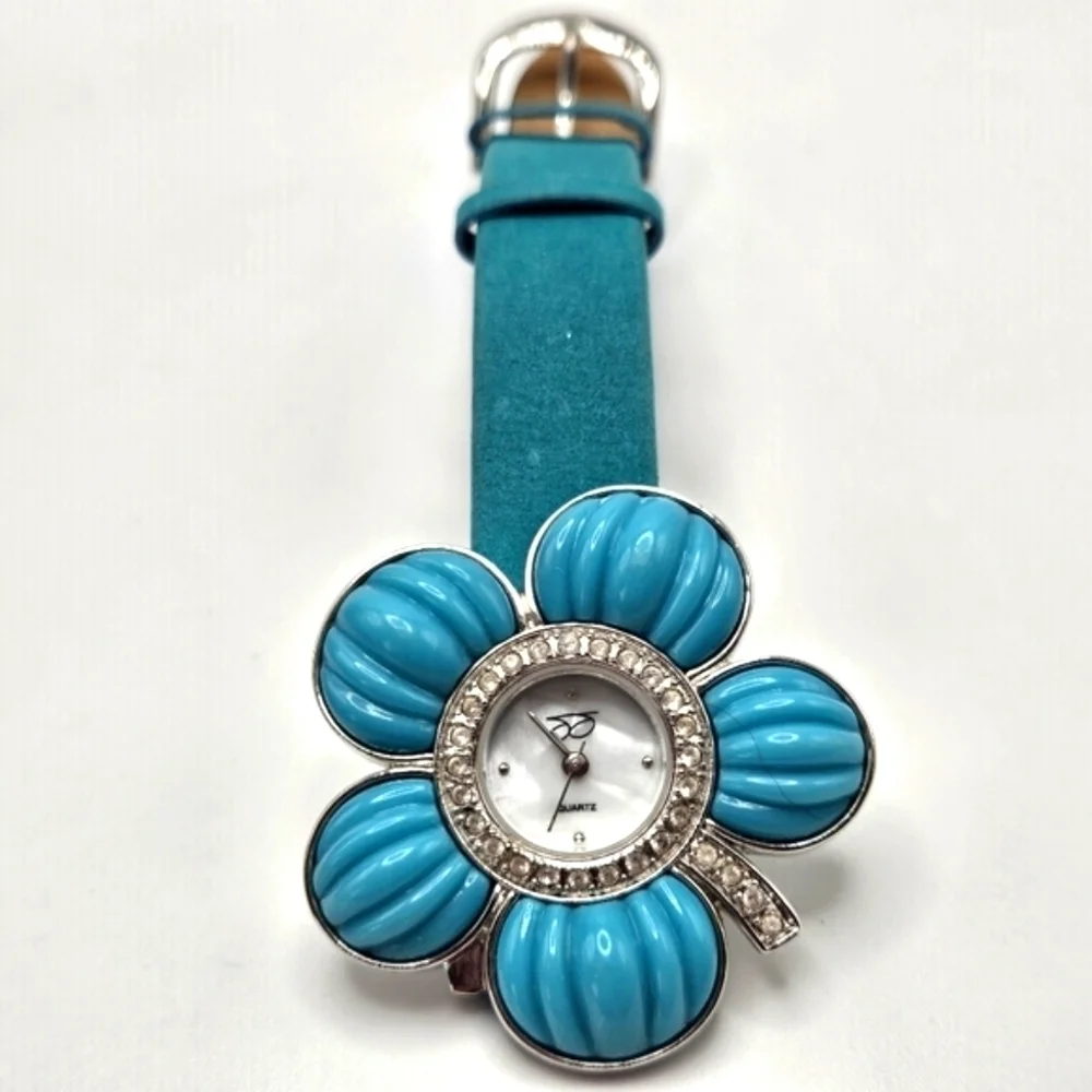 VINTAGE Suzanne Somers Blue Rhinestone Flower Watch Leather Band MOP Face Box
